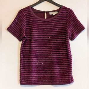 LOFT Sparkle Stripe Short Sleeve Top Small Berry Holiday Blouse Festive Date